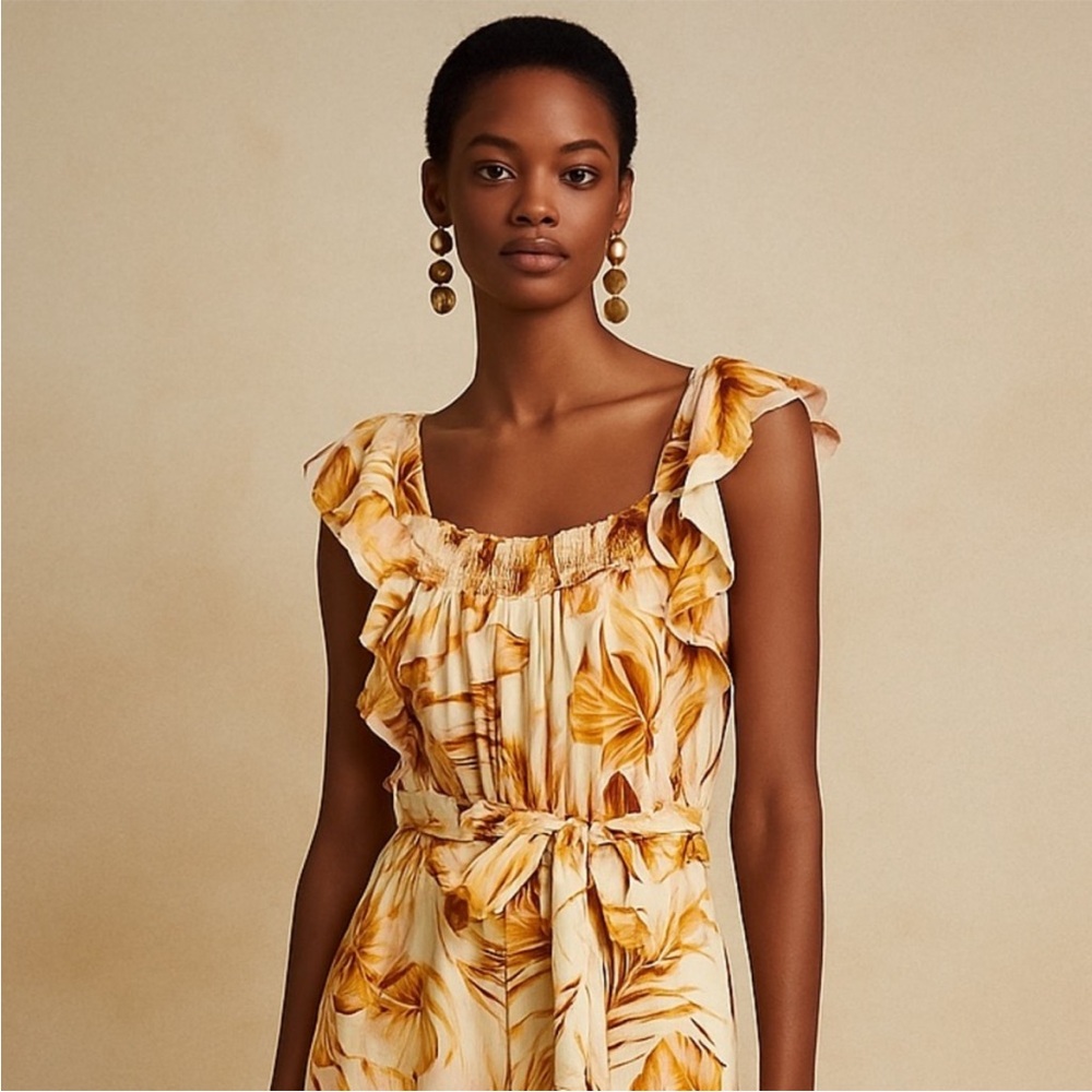 june & hudson Yellow Pink Palm Print Ruffle-Sleeve Wide-Leg Jumpsuit NWT Large - Picture 3 of 11